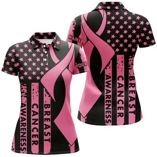 Goofygear Breast Cancer Awareness American Flag Pink Ribbon Womens Golf Polos Custom Patriotic Golf Top