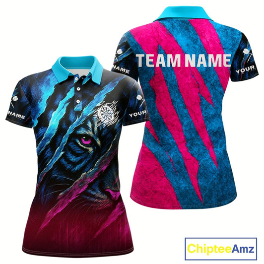 Goofygear Blue & Pink Claw Scratch Fierce Tiger Darts Shirt For Women - Custom Team Name