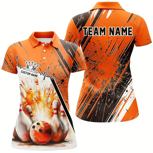 Goofygear Bowling Heartbeat Pulse Line Strike Bowling On The Lane Custom Orange Team Shirts Women
