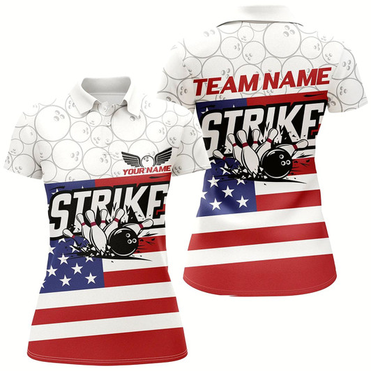 Goofygear Custom American Flag Strike Bowling Shirts For Women, Patriotic Bowling League Jerseys