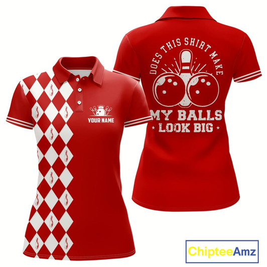 Goofygear Funny Red And White Argyle Retro Women Bowling Shirts Custom Does This Shirt Make My Balls Look Big