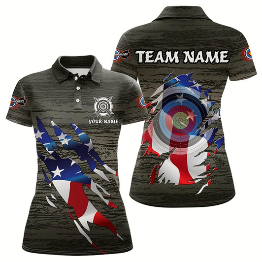 Goofygear Personalized Grey Grunge Usa Flag Archery Shirts For Women, American Patriotic Archery Team Jerseys