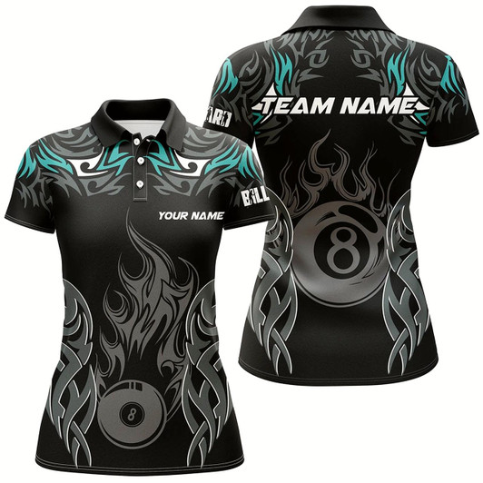 Goofygear Personalized Billiard Tournament Jersey For Women, 8 Ball Fire Flame Billiard Team Shirts Turquoise