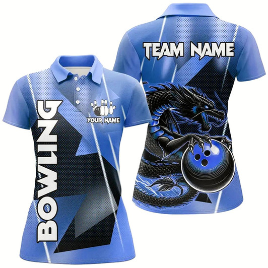 Goofygear Black And Blue Custom Dragon Bowling Shirts For Women, Dragon Bowling Team Shirts