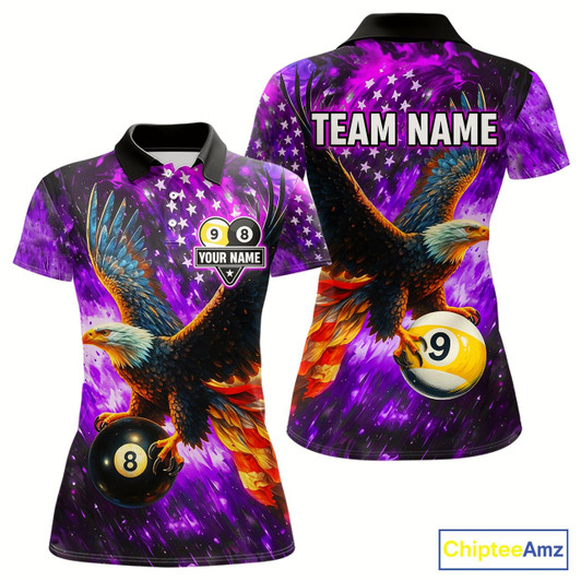Goofygear Personalized Purple Flaming Us Flag 8 Ball & 9 Ball Eagle Billiard Shirt For Women, Pool Team Jersey