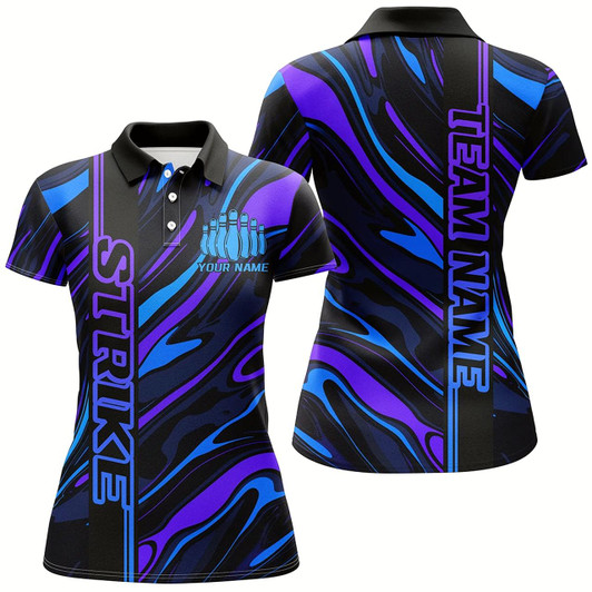 Goofygear Blue And Purple Custom Strike Bowling Shirts For Women, Striking Bowling Team Uniform