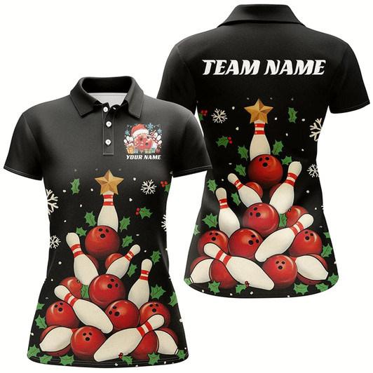 Goofygear Custom Christmas Bowling Shirts For Women, Bowling Balls And Pins Christmas Tree Outfits