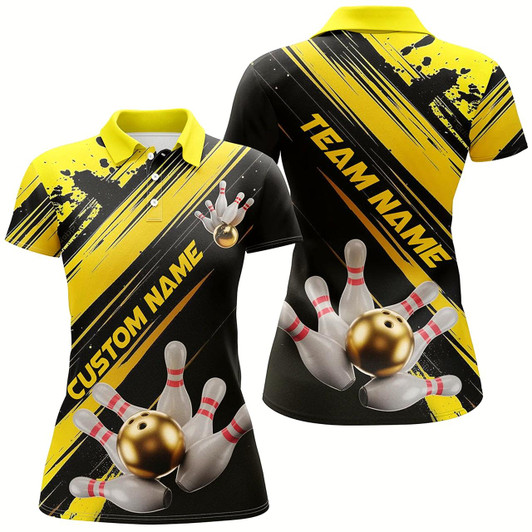 Goofygear Black And Gold Custom Bowling Shirts For Women, Custom Bowling Uniforms Outfit Bowling