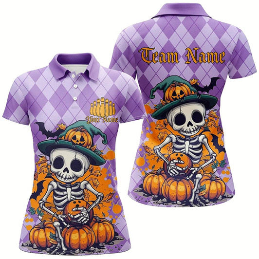 Goofygear Orange And Purple Argyle Pattern Custom Funny Skull Halloween Bowling Shirts For Women Style 1