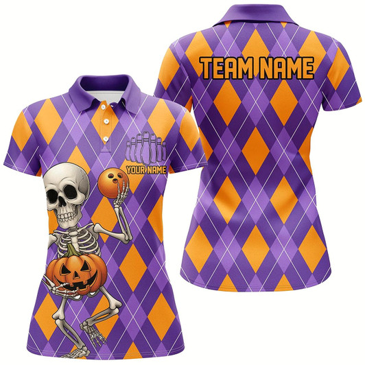Goofygear Orange And Purple Argyle Pattern Custom Funny Skull Halloween Bowling Shirts For Women Style 2
