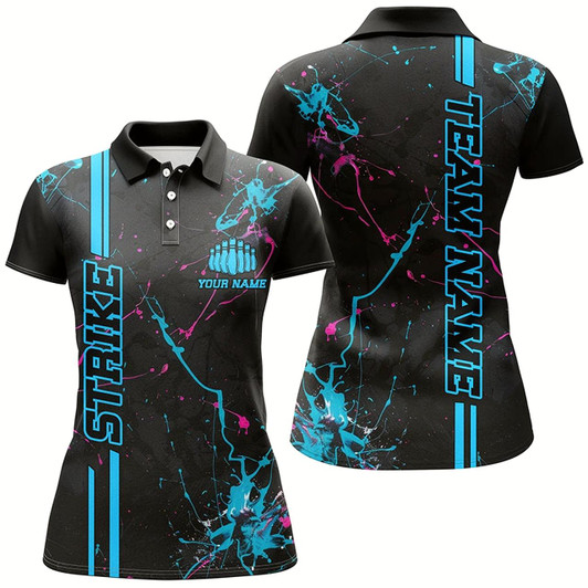 Goofygear Custom Blue And Pink Strike Bowling Shirts For Women, Camo Bowling Team Jerseys