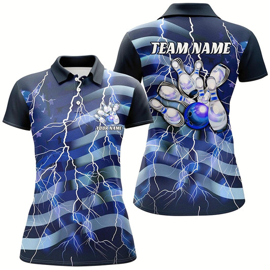Goofygear Blue Lightning American Flag Custom Women Bowling Team Shirts Patriotic Bowling Jerseys
