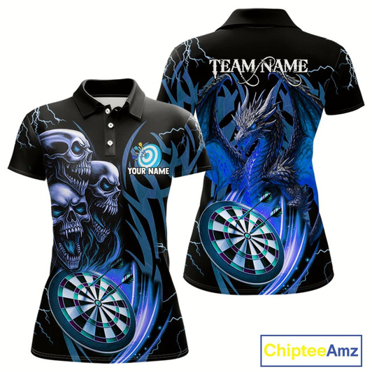 Goofygear Personalized Skull & Dragon Darts Shirt For Women Custom Lightning Dartboard Team Jersey Blue