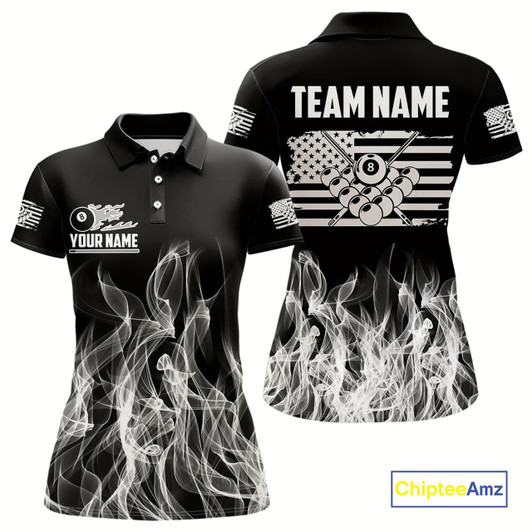 Goofygear White Black Flaming American Flag Women Billiard Shirt Custom Patriotic Pool Player Billiard Jersey