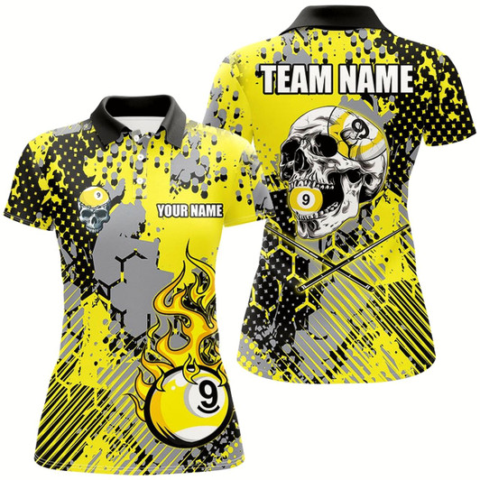 Goofygear Grunge Yellow 9 Ball Pool Paint Dot Pattern Custom Women Billiard Shirt, Skull 9 Ball Billiard Jersey
