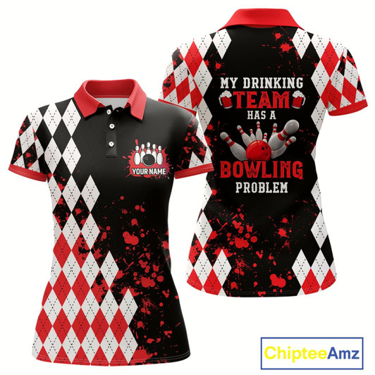 Goofygear Red Argyle Pattern Retro Bowling Shirts For Women Custom My Drinking Team Has A Bowling Problem