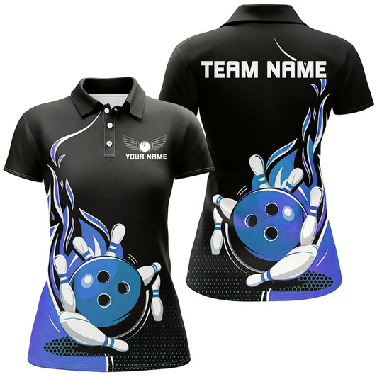 Goofygear Custom Blue Flame Bowling Shirts For Women, Team Bowling Uniform Outfit Bowling