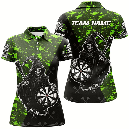 Goofygear Personalized Green Abstract Death Skeleton Women Darts Shirts, Funny Halloween Scary Darts Jerseys
