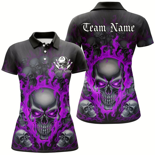 Goofygear Custom Purple Flame Skull Bowling Shirts For Women, Halloween Bowling Team Outfits Uniform Style 1