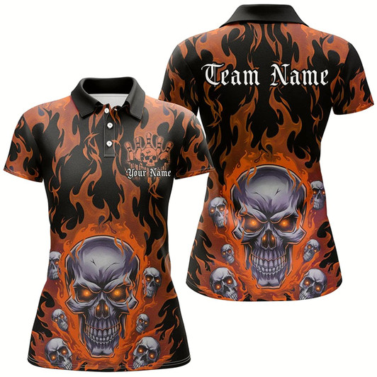 Goofygear Custom Orange Flame Skull Bowling Shirts For Women, Halloween Bowling Team Outfits Uniform Style 2