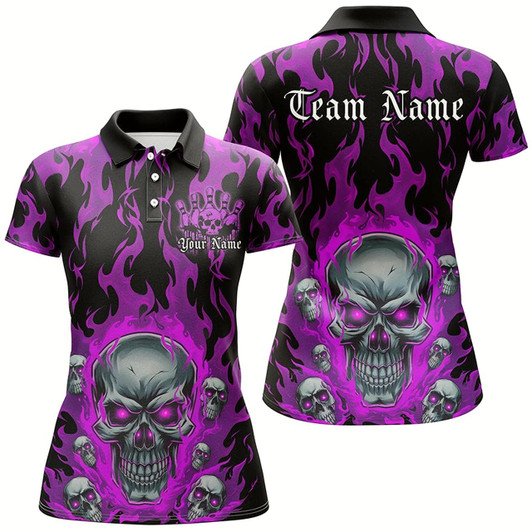 Goofygear Custom Purple Flame Skull Bowling Shirts For Women, Halloween Bowling Team Outfits Uniform Style 2