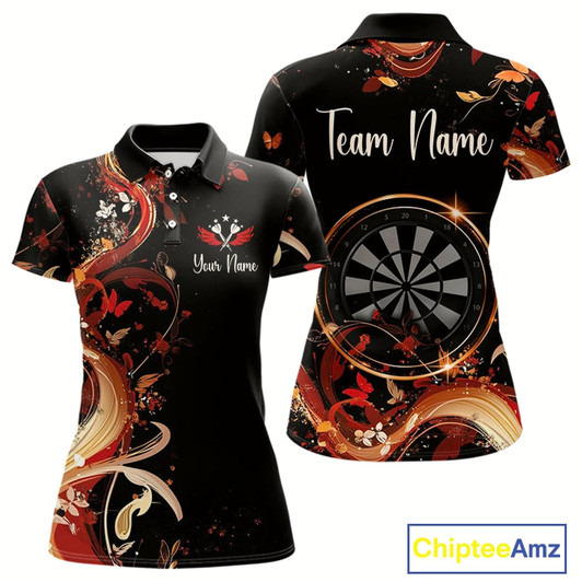 Goofygear Women'S Custom Darts Shirt With Fiery Butterfly Drift Flowers & Golden Dartboards