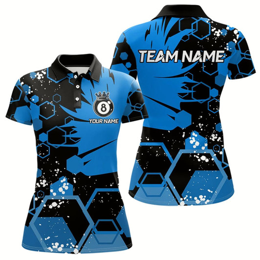Goofygear Personalized Black Blue 8 Ball Crown Hexagon Billiard Shirts For Women, Pool Billiard Team Jerseys
