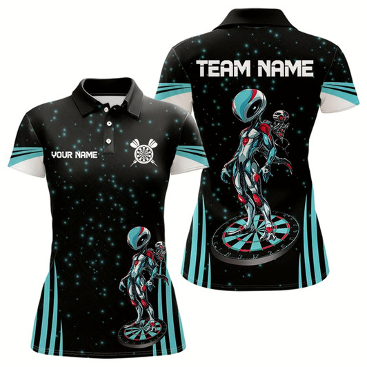 Goofygear Custom Turquoise Alien And Dartboards Dart Shirts For Women, Dart Jerseys