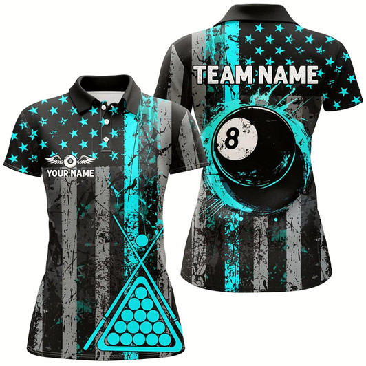 Goofygear Custom Turquoise Grunge Us Flag Patriotic Billiard Shirt For Women Retro 8 Ball Pool Billiard Jersey