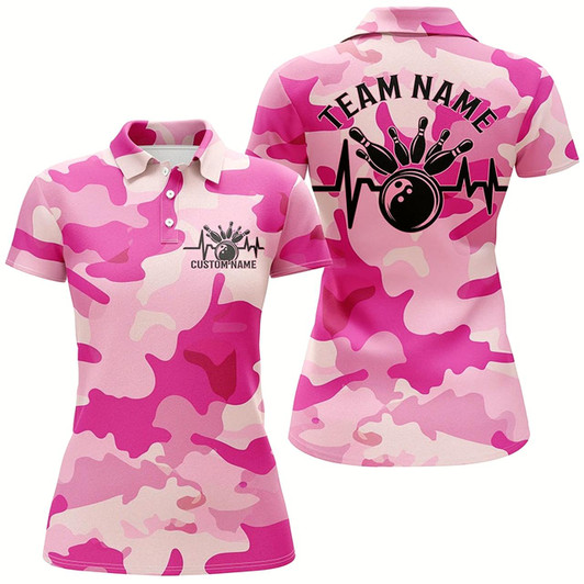 Goofygear Bowling Heartbeat Pulse Line Blue Pink Camo Custom Bowling Team Shirts For Women Style 2