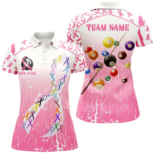 Goofygear Colorful Ribbon Custom Pink Billiard Shirts For Women, Funny Breast Cancer Shirts Gift For Pool Lover
