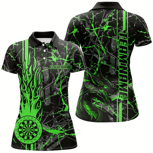 Goofygear Green Grunge Dart Jerseys For Women, Fire Flame Dart Board Custom Name Dragon Darts League Shirts