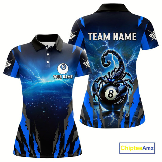 Goofygear Personalized Thunder Lightning Scorpion Billiard Shirt For Women, 8 Ball Billiard Team Jerseys Blue