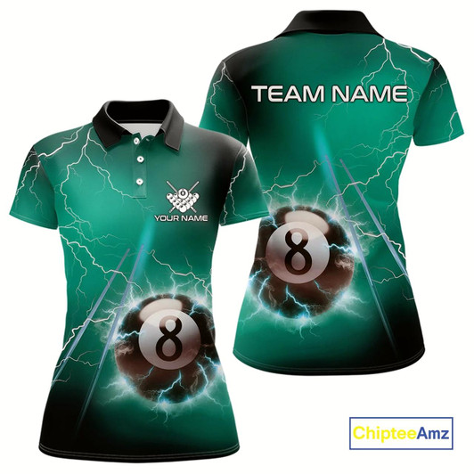 Goofygear Personalized Turquoise Thunder Lightning 8 Ball Pool Billiard Shirt For Women, Billiard Team Jersey