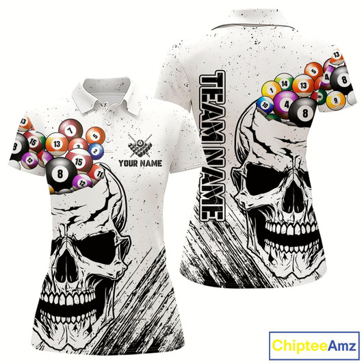 Goofygear Personalized White Grunge Billiard Balls Skull Pool Shirt For Women, Funny Billiard Team Jersey