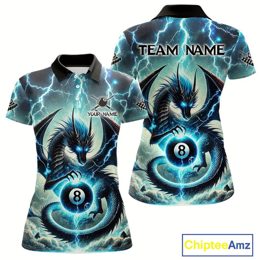 Goofygear Personalized Thunder Lightning Dragon Billiard Shirt For Women, Blue 8 Ball Pool Team Jersey