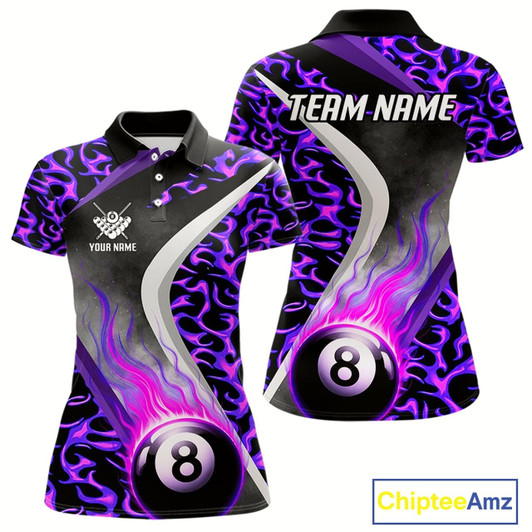 Goofygear Personalized Flame Purple 8 Ball Pool Billiard Shirt For Women Custom Billiard Team Jerseys