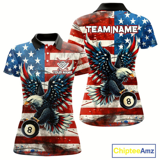Goofygear Personalized Vintage American Flag Eagle Billiard Shirt For Women, Patriotic 8 Ball Pool Jerseys