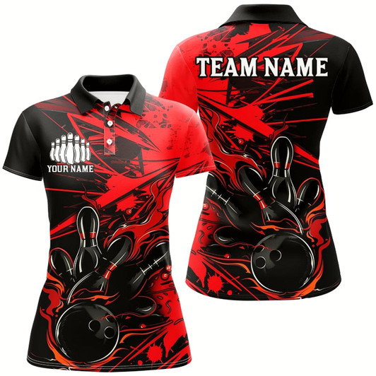 Goofygear Black And Red Custom Flame Bowling Shirts For Women, Bowling Team Uniform Bowler Outfits