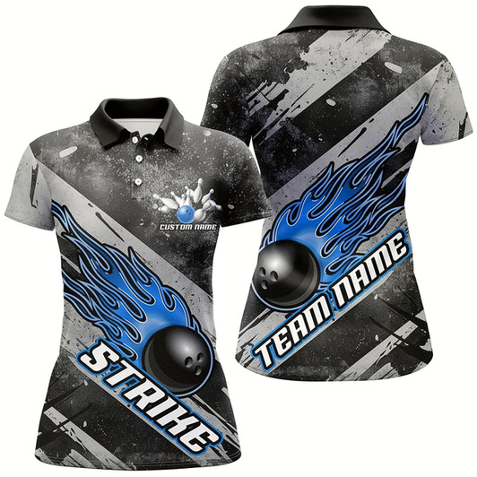 Goofygear Black And Blue Flame Bowling Ball Custom Team Shirts For Women, Tournament Team Jerseys