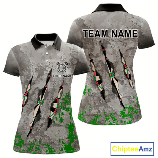 Goofygear Custom Green Grey Grunge Dart Shirt With Pocket Option For Women, Darts Jersey