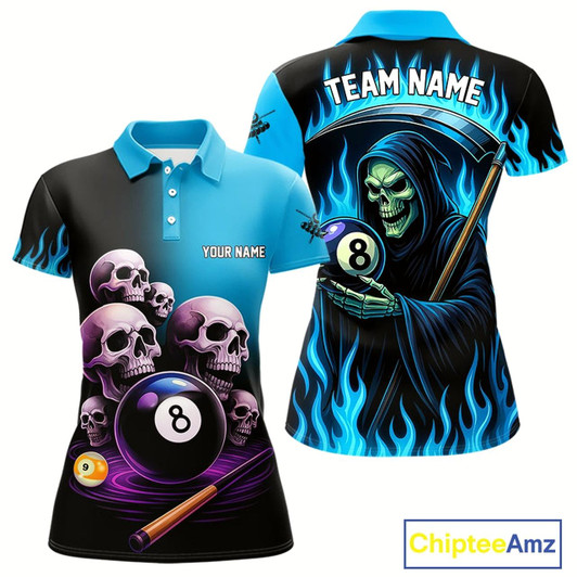 Goofygear Custom Blue Flaming Grim Reaper 8 Ball Pool Billiard Shirt For Women, Funny Skull Pool Team Jersey