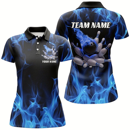 Goofygear Blue Fire Bowling Ball And Pins Custom Shirts For Women, Flame Bowling Team Jerseys