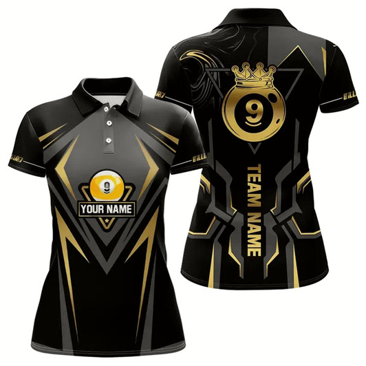 Goofygear Customized 9 Ball Pool Crown Women Billiard Shirts, Gold And Black Billiard Team Shirts, Pool Jerseys