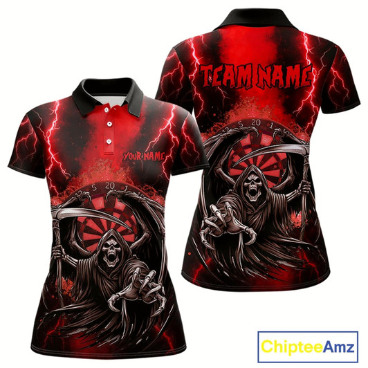 Goofygear Personalized Red Grim Reaper Thunder Lightning Darts Shirt For Women, 3D Darts Team Jerseys