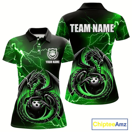 Goofygear Personalized Black And Green Thunder Lightning Dragon Bowling Shirts For Women, Bowling Team Uniform