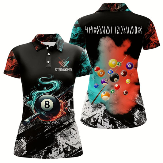 Goofygear Personalized Orange And Turquoise 8 Ball Pool Smoke Billiard Shirts For Women Custom Billiard Jersey