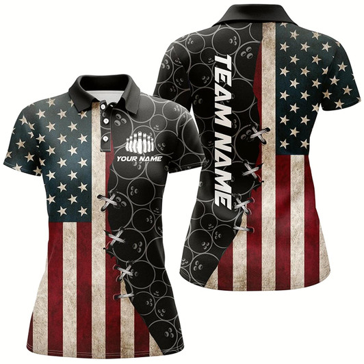 Goofygear Vintage Us Flag Custom Bowling Team Shirts For Women Bowling Ball Pattern Patriotic Gifts
