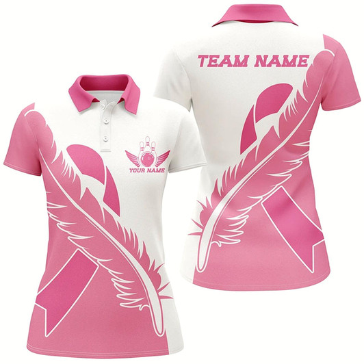 Goofygear Feather Pink Ribbon Breast Cancer Custom Bowling Shirts For Women, Pink Bowling Jerseys Style 1