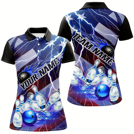 Goofygear Flame Bowling Ball Blue Lightning American Flag Custom Name Bowling Team Shirts For Women